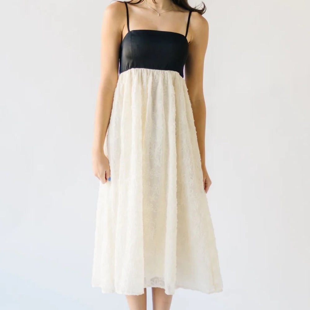 Two-Tone Black & Cream Spaghetti-Strap Midi Dress